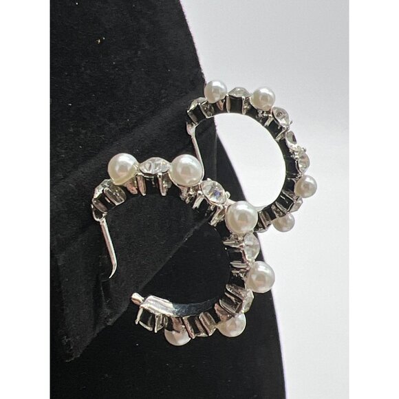 Silver-Tone Hoop Earrings With Faux Pearls & Rhinestones Clip-On Style - Picture 3 of 6